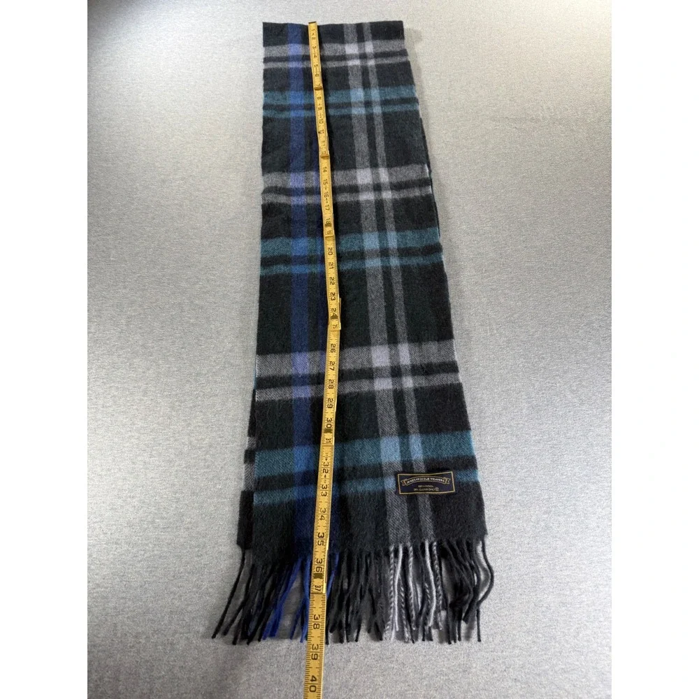 James Pringle Weavers 100% Wool Plaid Scarf Grey Blue Black Fringed Made in UK